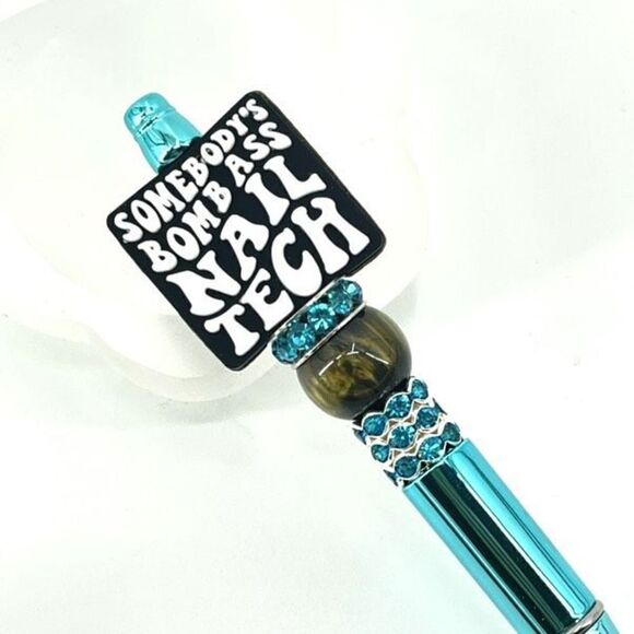 Somebody’s Bomb A** Nail Tech handmade pen NEW beads rhinestone bling black whit - Picture 2 of 5
